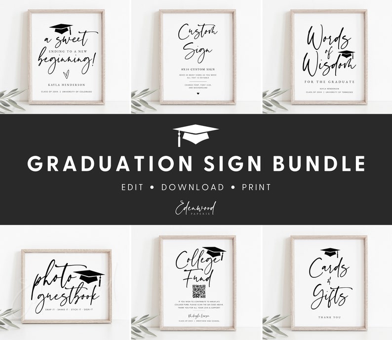 Graduation Signs Bundle, Printable Graduation Bundle, Graduation Table Signs, Editable Graduation Welcome Sign, Templett GRD image 1