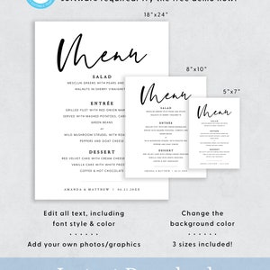 Wedding Menu Sign, Minimalist Wedding Menu Sign, Printable Wedding Menu Table Sign, Modern Wedding Dinner Menu Sign, Templett, 016 image 2