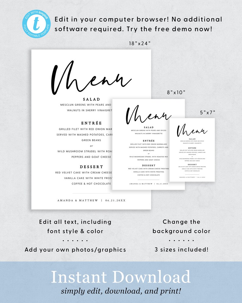 Wedding Menu Sign, Minimalist Wedding Menu Sign, Printable Wedding Menu Table Sign, Modern Wedding Dinner Menu Sign, Templett, 016 image 2