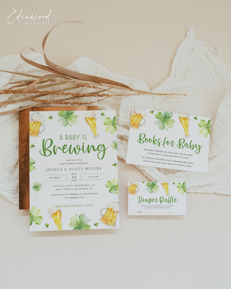 St. Patrick's Baby is Brewing Baby Shower Invitation Suite, Shamrock Baby Shower Invite Bundle, Printable Diaper Raffle Card, Templett, 17B image 1