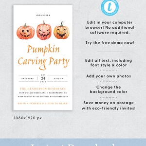 May include: A white invitation with watercolor pumpkins and the text "Pumpkin Carving Party." Details include date, time, and location. The invitation also states "Bring a pumpkin & a dish to share!" and "Instant Download."