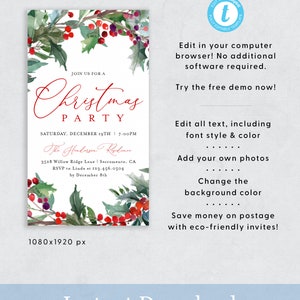 May include: Editable Christmas party invitation template with a watercolor wreath of holly and berries. The text reads "Join us for a Christmas Party" and includes the date, time, and location of the party. The template is 1080x1920 pixels.