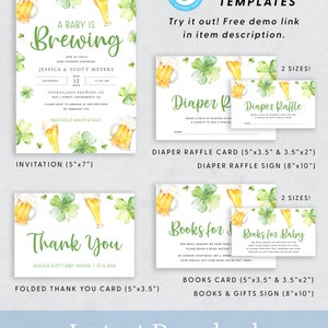 St. Patrick's Baby is Brewing Baby Shower Invitation Suite, Shamrock Baby Shower Invite Bundle, Printable Diaper Raffle Card, Templett, 17B image 2