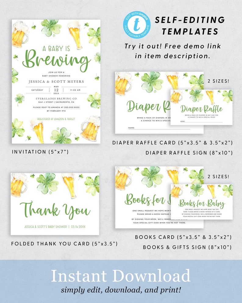 St. Patrick's Baby is Brewing Baby Shower Invitation Suite, Shamrock Baby Shower Invite Bundle, Printable Diaper Raffle Card, Templett, 17B image 2