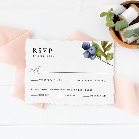Mountain Wedding RSVP Card Template with Watercolor Blueberries, Rustic Forest Wedding RSVP Printable, Wedding Reply Enclosure Card, #009