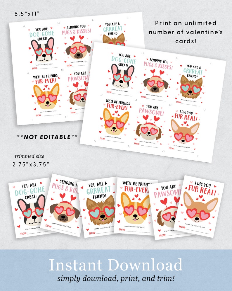 Op de afbeelding: Printbare Valentijnsdagkaarten met schattige cartoonhonden die hartvormige zonnebrillen dragen. De kaarten hebben verschillende berichten, waaronder "Je bent geweldig!" en "Ik vind je echt leuk!" De kaarten zijn 7 cm bij 9,5 cm.