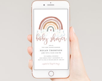 May include: A digital invitation for a baby shower featuring a watercolour rainbow and clouds. The invitation reads "baby shower" and includes the name Megan Thompson, the date June 14th, the time 12:00-3:00 PM, the location The Campbell Residence, 2000 Seneca Street Sacramento, CA, and the RSVP information to Lydia at 000.000.0000 by June 8th. The invitation also says "registered at Target & Amazon".