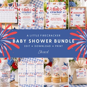 May include: A baby shower bundle with a patriotic theme. Includes invitations, games, and decorations with red, white, and blue accents. The text reads "A Little Firecracker Baby Shower Bundle".