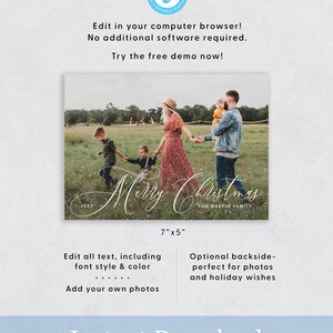 May include: Editable Christmas card template featuring a family of four walking in a field with a snowy background. The text "Merry Christmas" is written in cursive with a white glitter effect. The card is 17.8 cm by 12.7 cm.
