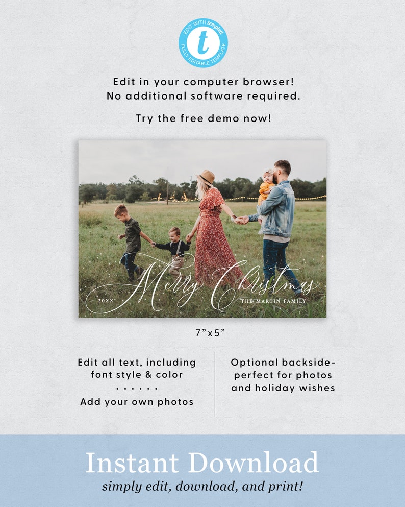 May include: Editable Christmas card template featuring a family of four walking in a field with a snowy background. The text "Merry Christmas" is written in cursive with a white glitter effect. The card is 17.8 cm by 12.7 cm.