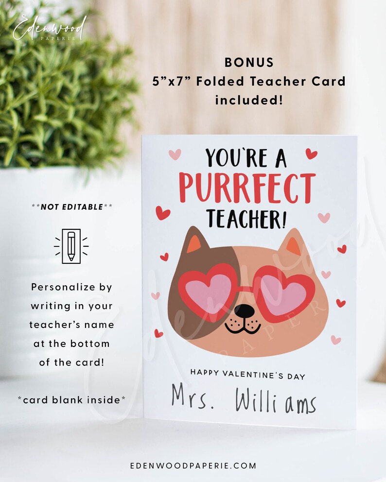 May include: A white card featuring a pink and brown cat illustration wearing heart-shaped sunglasses. The text reads "You're a Purrfect Teacher!" and "Happy Valentine's Day". The card is personalised with the name "Mrs. Williams".