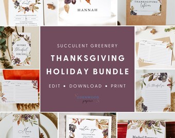 May include: Thanksgiving holiday bundle with succulent greenery design. Includes invitation, place cards, recipe cards, menu, custom sign, and more. Features text like "give thanks grateful heart" and "Mashed Potatoes".