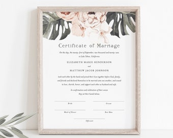 Boho Wedding Certificate of Marriage, Decorative Marriage Certificate Keepsake, Printable Marriage Certificate Download, Templett, #019