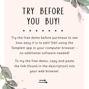 May include: A pink and white graphic with green leaves and gold glitter. The text reads "TRY BEFORE YOU BUY!" and includes instructions to try a free demo before purchasing.