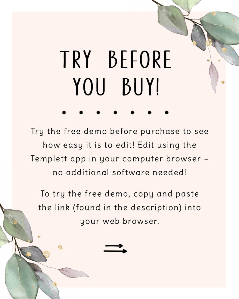 May include: A pink and white graphic with green leaves and gold glitter. The text reads "TRY BEFORE YOU BUY!" and includes instructions to try a free demo before purchasing.