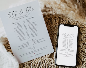 Bridal Party Itinerary, Minimalist Wedding Day Timeline Template, Bridesmaids & Groomsmen Schedule, Wedding Order of Events, Templett