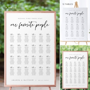 Puede incluir: Un plano de asientos de boda con fondo blanco y texto negro. El plano est&aacute; titulado "nuestra gente favorita" y enumera las mesas del 1 al 24 con los nombres de los invitados. El plano est&aacute; fechado el 09.21.20XX y firmado por Amanda & Matthew.