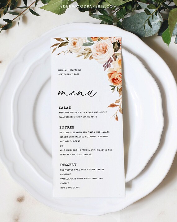 Fall Wedding Menu Template, Autumn Wedding Menu Cards, Printable Wedding Menu, Wedding Menu Card Download, Templett, #010