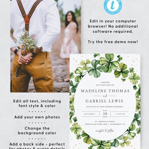May include: A wedding invitation with a green shamrock wreath design. The invitation features the names Madeline Thomas and Gabriel Lewis, the date March 19, 20XX, and the time 6:00 PM. The invitation also includes the location, St. Andrew's Church, 3528 Willow Ridge Lane, Sacramento, CA. The text "reception to follow" is at the bottom of the invitation.