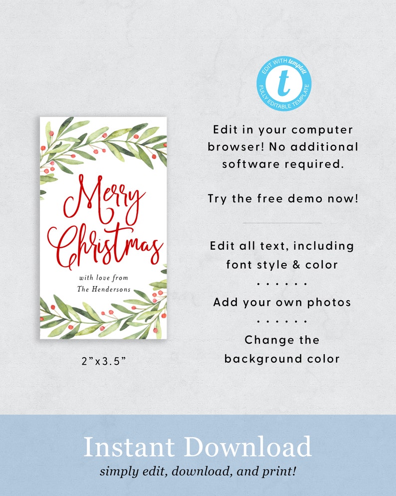 Merry Christmas Gift Tag Printable Printable Christmas Gift | Etsy
