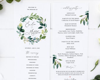 Boho Wedding Program Template, Greenery Wedding Program Download, Printable Wedding Ceremony Program, Editable Program, Templett, #011