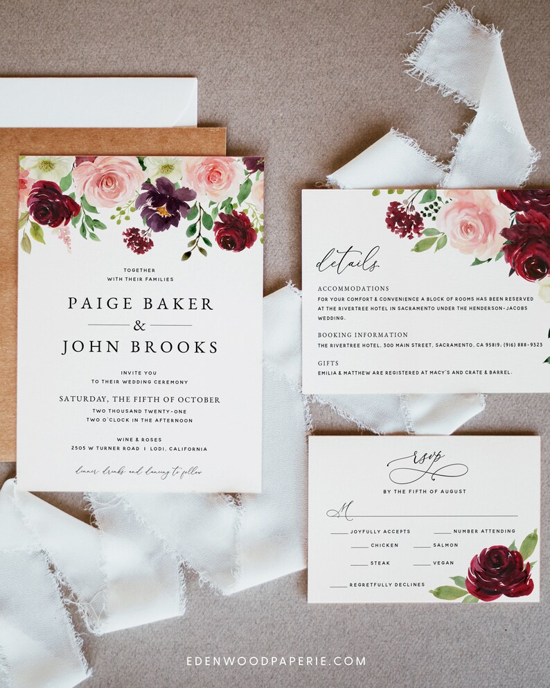 Burgundy and Blush Wedding Invitation Template, Floral Wedding Invitation Suite Download, Printable Burgundy Wedding Invitation Set, 004 image 1