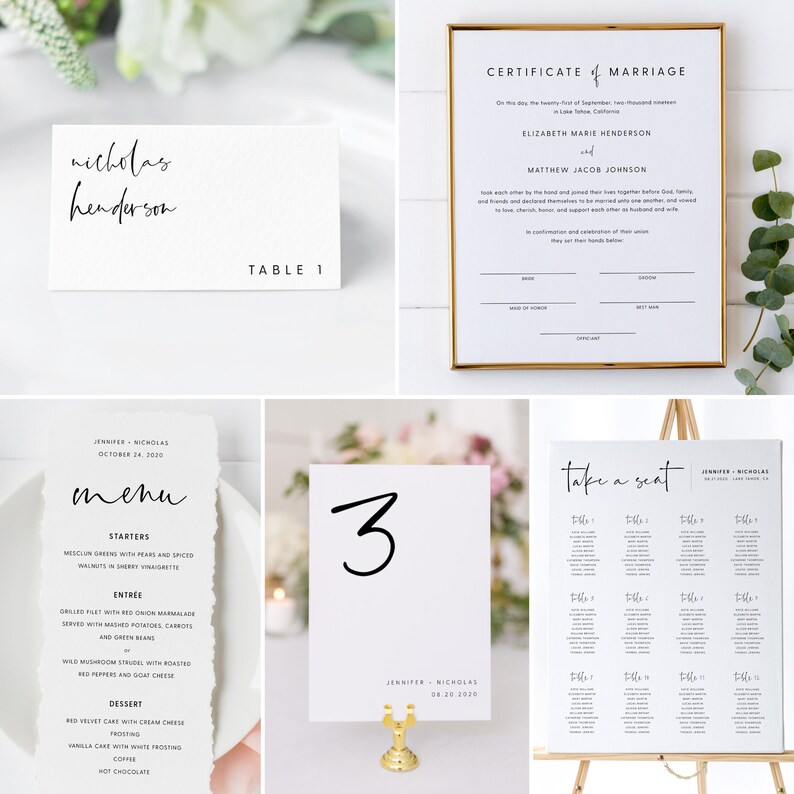 May include: Wedding seating chart with the text "take a seat" in black calligraphy. The chart lists the names of guests assigned to each table. The chart is on an easel with a white background.