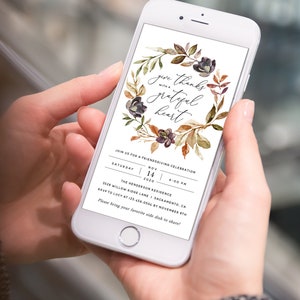 May include: A digital invitation for a Friendsgiving celebration with a watercolor wreath of autumn leaves and berries. The text reads "Give thanks with a grateful heart." The invitation includes the date, time, location, and RSVP information.