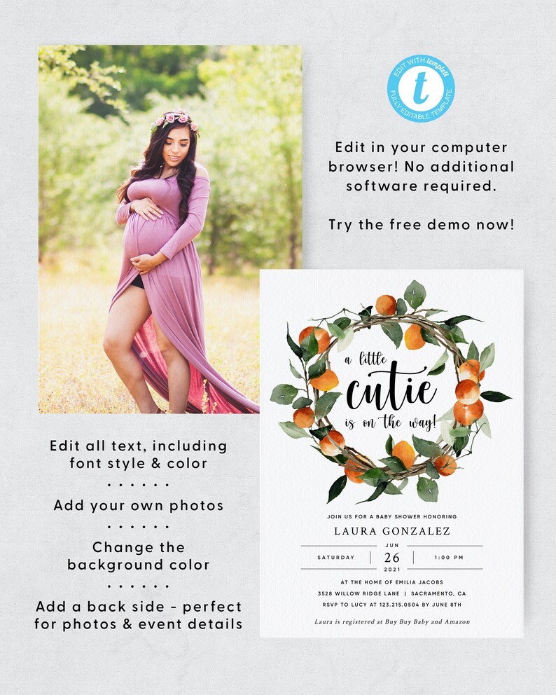 Clementine Cutie Baby Shower Invitation Template Printable Etsy