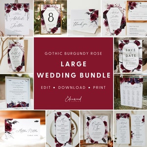 Gothic Burgundy Wedding Template Bundle, Halloween Wedding Invitation Set, October Wedding Set, Printable Wedding Bundle Download, #006