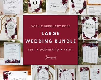 Gothic Burgundy Wedding Template Bundle, Halloween Wedding Invitation Set, October Wedding Set, Printable Wedding Bundle Download, #006