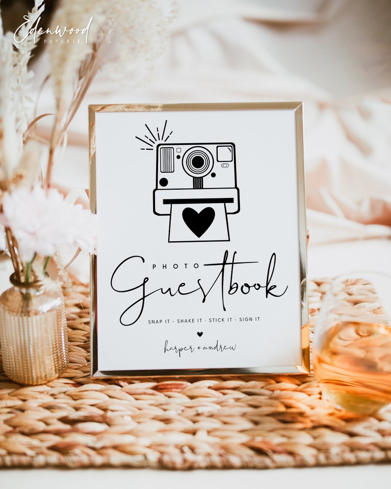 Photo Guestbook Sign, Wedding Photo Guestbook Sign Template, Printable Polaroid Guestbook Wedding Sign, Editable Wedding Sign, Templett image 1