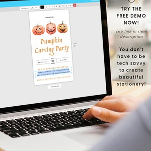 May include: A laptop screen displays a Halloween-themed invitation. The invitation features watercolor pumpkins and text that reads "Pumpkin Carving Party." Additional text includes date, time, and location details. The screen also shows the text "Try the Free Demo Now!"