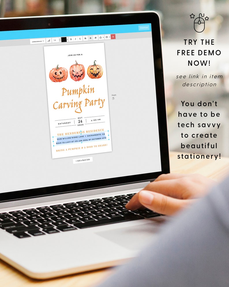 May include: A laptop screen displays a Halloween-themed invitation. The invitation features watercolor pumpkins and text that reads "Pumpkin Carving Party." Additional text includes date, time, and location details. The screen also shows the text "Try the Free Demo Now!"
