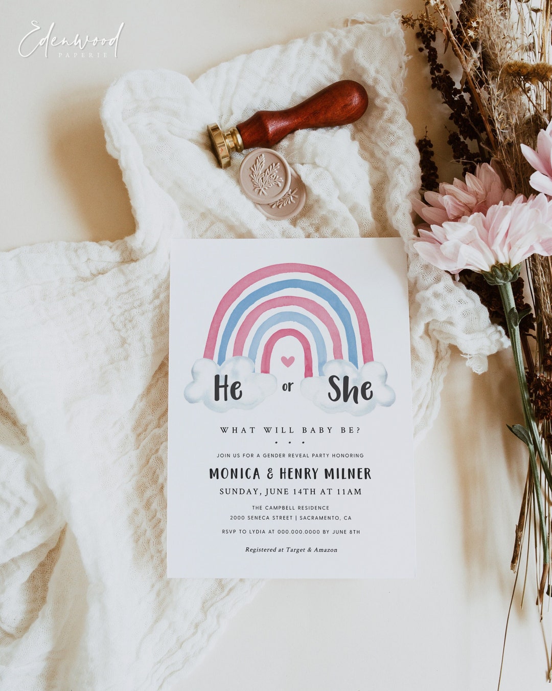 Rainbow Gender Reveal Invitation Template Gender Reveal Etsy