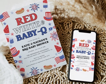 July 4th BBQ Baby Shower Invitation, Baby Shower Baby-Q Invitation, Printable Patriotic Baby Shower Invitation Template, Templett, #J4