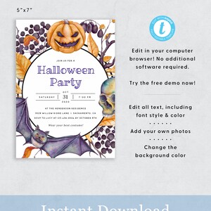 Pu&ograve; includere: Un invito a una festa di Halloween stampabile con un design ad acquerello che presenta una zucca, pipistrelli e un teschio. L'invito misura 5 pollici per 7 pollici e include il testo "Join us for a Halloween Party" e la data e l'ora della festa. L'invito include anche l'indirizzo e le informazioni RSVP. Il testo "Download immediato" si trova nella parte inferiore dell'invito.