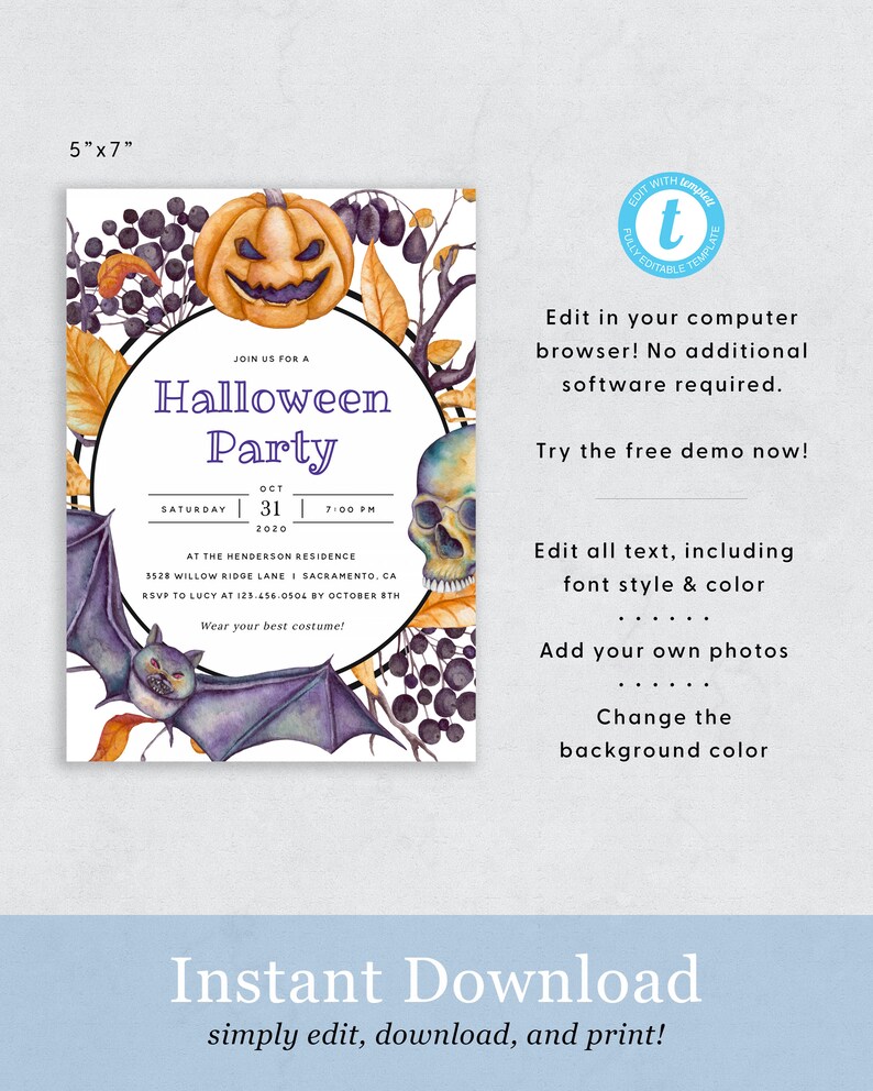 Pu&ograve; includere: Un invito a una festa di Halloween stampabile con un design ad acquerello che presenta una zucca, pipistrelli e un teschio. L'invito misura 5 pollici per 7 pollici e include il testo "Join us for a Halloween Party" e la data e l'ora della festa. L'invito include anche l'indirizzo e le informazioni RSVP. Il testo "Download immediato" si trova nella parte inferiore dell'invito.