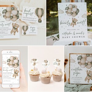 Puede incluir: Un conjunto de decoraciones imprimibles para una fiesta de bienvenida al beb&eacute; con un tema de oso adorable. Las decoraciones incluyen un cartel de bienvenida, una tarjeta de solicitud de libros, una tarjeta de rifa de pa&ntilde;ales y adornos para cupcakes. El dise&ntilde;o presenta un oso marr&oacute;n sosteniendo globos de color verde y beige.