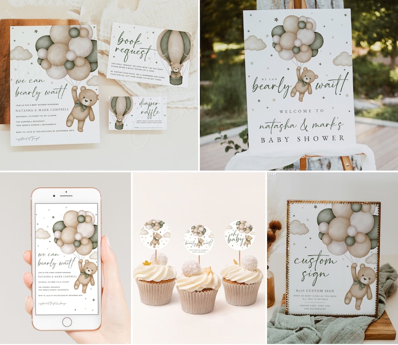 Puede incluir: Un conjunto de decoraciones imprimibles para una fiesta de bienvenida al beb&eacute; con un tema de oso adorable. Las decoraciones incluyen un cartel de bienvenida, una tarjeta de solicitud de libros, una tarjeta de rifa de pa&ntilde;ales y adornos para cupcakes. El dise&ntilde;o presenta un oso marr&oacute;n sosteniendo globos de color verde y beige.