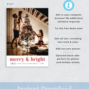May include: A printable Christmas card template measuring 5x7 inches, showing a family decorating a Christmas tree. The card has a red and white design with the text "merry & bright with love Peter, Alice & Chloe Martin - 20XX".