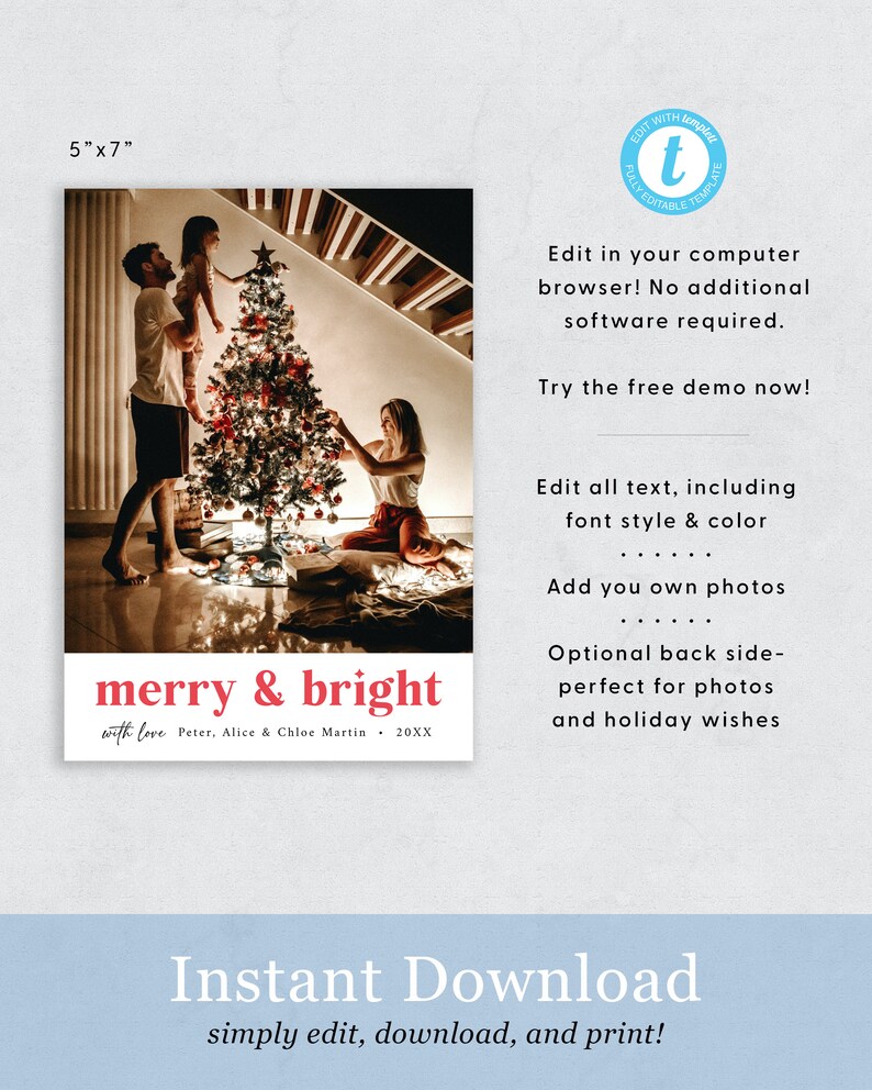 May include: A printable Christmas card template measuring 5x7 inches, showing a family decorating a Christmas tree. The card has a red and white design with the text "merry & bright with love Peter, Alice & Chloe Martin - 20XX".