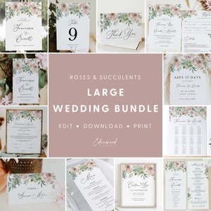 Succulent Wedding Invitation Bundle, Succulent & Roses Wedding Invitation Template Set, Printable Wedding Sign Bundle, Templett, #024