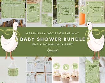 Silly Goose Baby Shower Invitation Bundle, Gender Neutral Goose Baby Shower Bundle, Green Bow Silly Goose Baby Shower Bundle, Templett, #16B