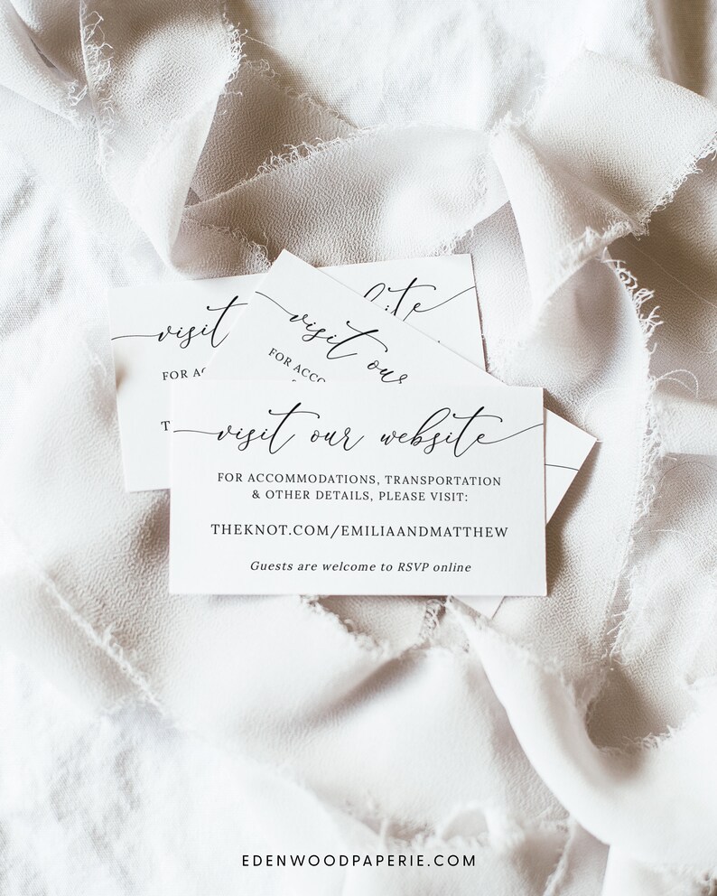 May include: White card with black text that says "visit our website" and provides a website address for wedding guests to find more information about the wedding. The text also says "For accommodations, transportation & other details, please visit:"