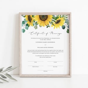 Sonnenblume Heiratsurkunde Andenken, Dekorative Heiratsurkunde, druckbare Heiratsurkunde Download, Templett, #015