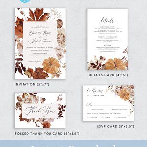May include: A set of printable wedding stationery templates featuring a fall floral design with autumn leaves, pumpkins, and flowers in shades of orange, brown, and cream. The templates include an invitation, details card, RSVP card, and a thank you card. The text on the invitation reads "Kindly join us for the wedding ceremony of Charlotte Roberts to Michael Freeman Saturday, the fourteenth of October, two thousand and twenty-three, five thirty in the afternoon, The Old Sugar Mill, 3125 Willow River, Placerville, CA, reception to follow".