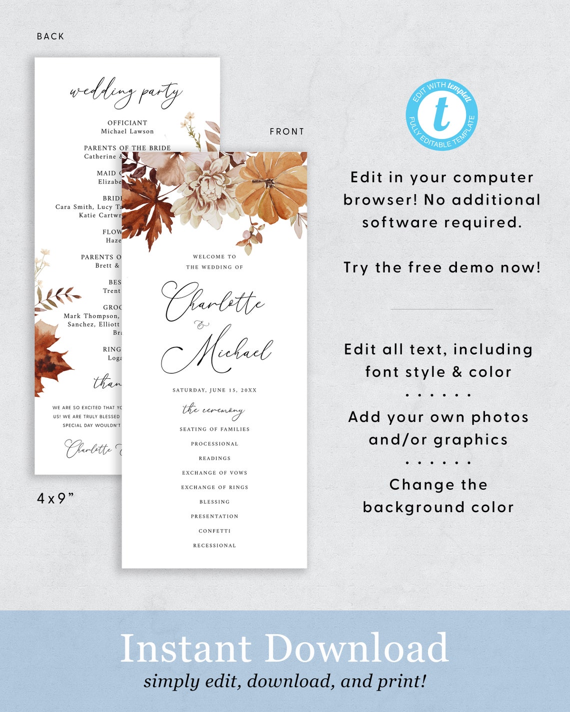 Fall Progrm Template Fall Wedding Program Template, Autumn Wedding Ceremony Program Cards ...