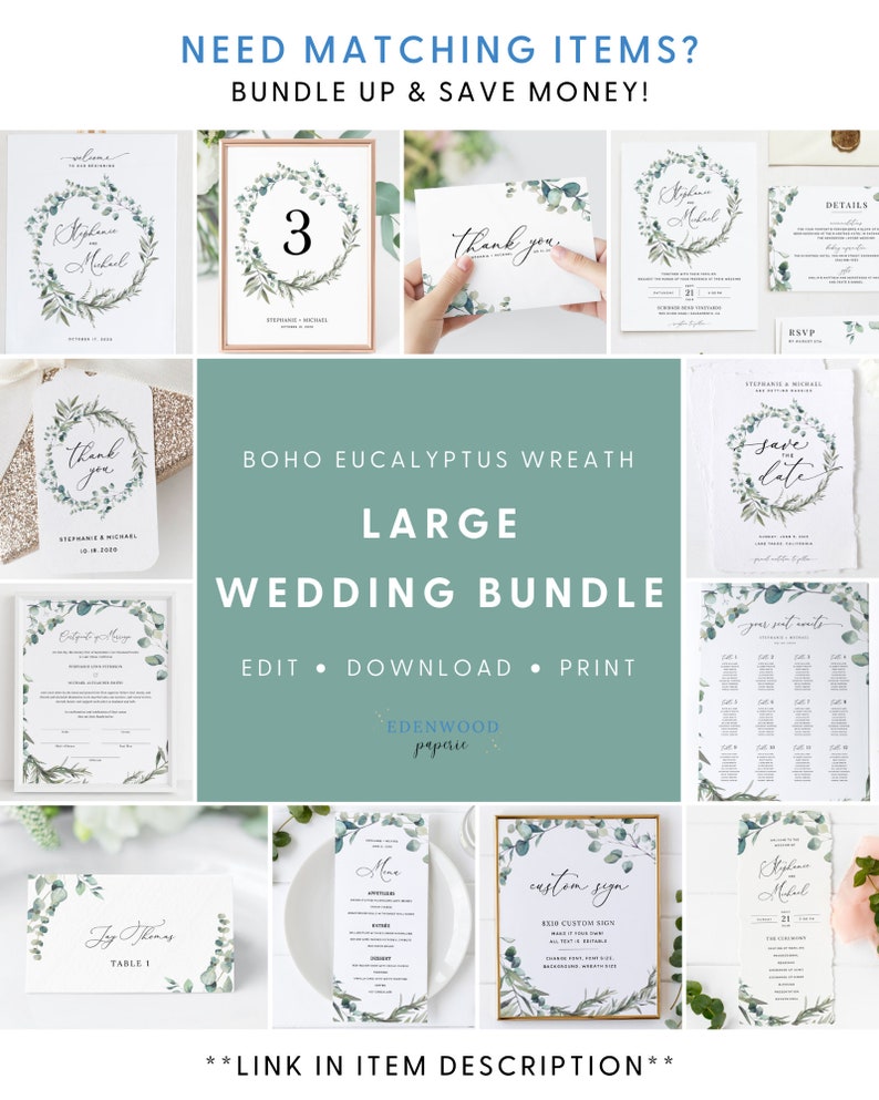 Boho Wedding Invitation Template, Eucalyptus Greenery Wedding Invitation Suite, Printable Wedding Invitation Set Download Templett, 007 image 4