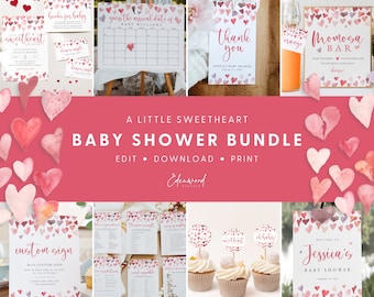 Valentines Baby Shower Invitation Bundle, A Little Sweetheart Baby Shower Invitation Bundle, Baby Shower Games & Signs Bundle, Templett #14B